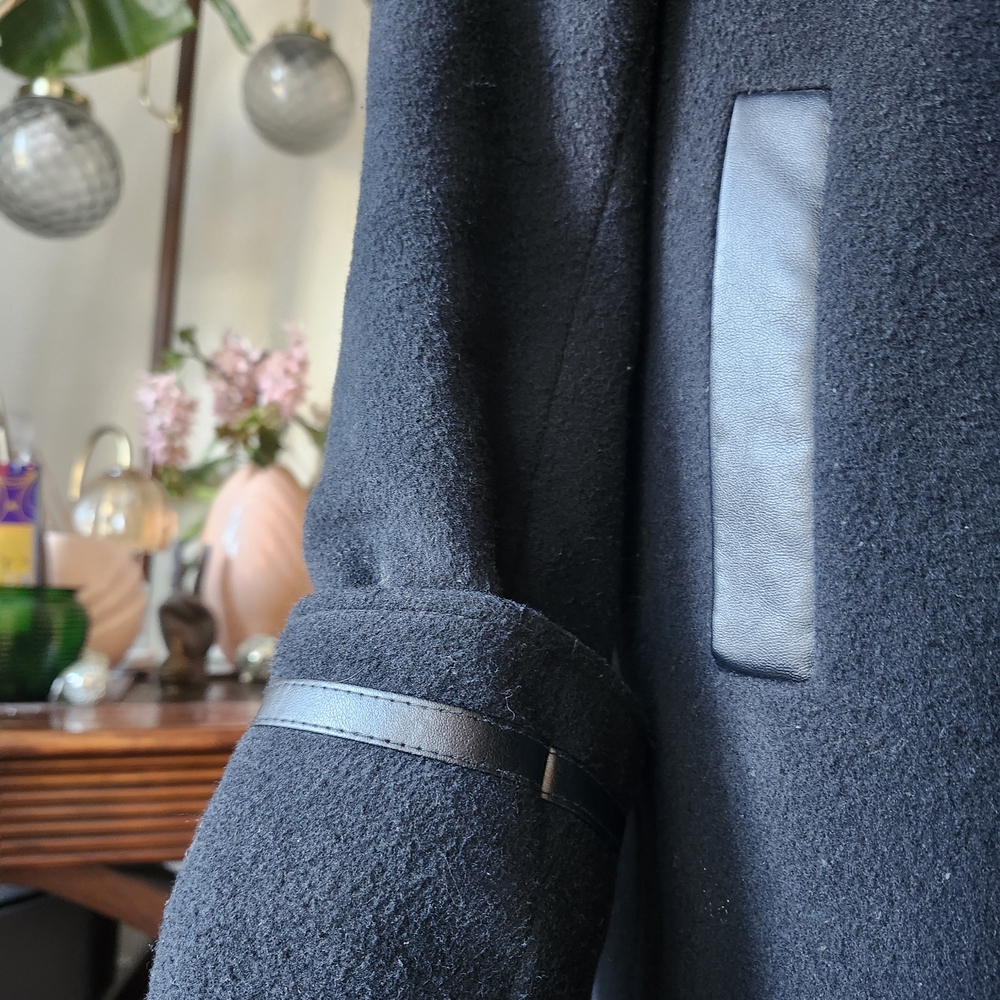 SAGA 80s 90s VINTAGE Elegant Black Fox Fur-Trimmed Women's Coat Cashmere WOOL Lg - Picture 5 of 16
